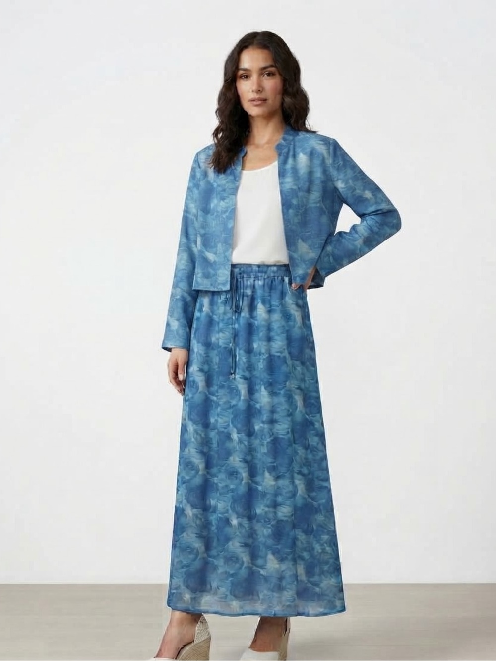 Venini Blue Watercolor Floral Denim Maxi Skirt